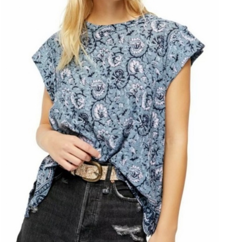 Free People Dusty Blue Floral Print Short Sleeve Tee